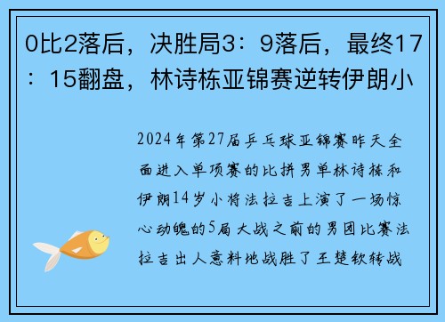 0比2落后，决胜局3：9落后，最终17：15翻盘，林诗栋亚锦赛逆转伊朗小孩儿哥！附带国乒12日赛程，赶紧收藏观看
