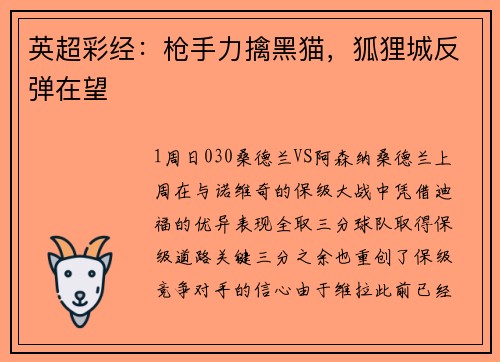 英超彩经：枪手力擒黑猫，狐狸城反弹在望