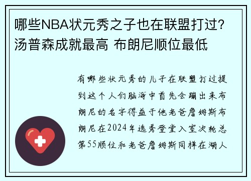 哪些NBA状元秀之子也在联盟打过？ 汤普森成就最高 布朗尼顺位最低