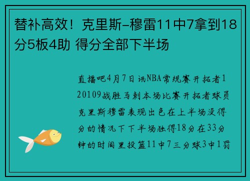替补高效！克里斯-穆雷11中7拿到18分5板4助 得分全部下半场